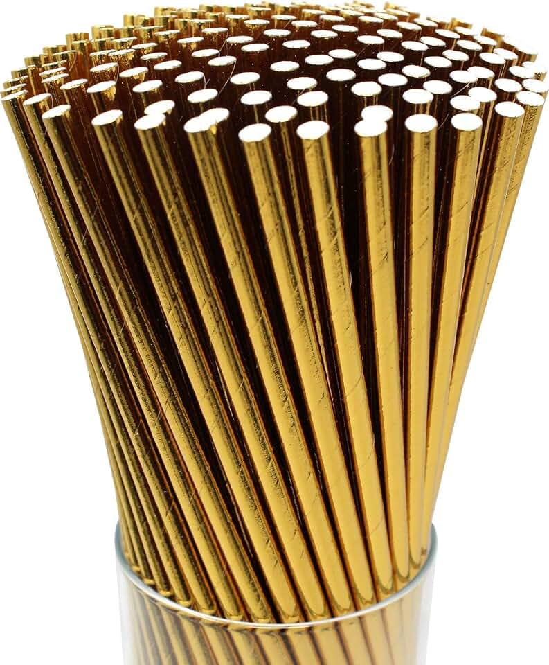 150-pack Biodegradable Gold Paper Straws - Disposable Drinking Gold Straws - Sticks for Cake Pops in Birthday, Anniversary, Wedding, Holiday Celebrations, Party Decor, and Supplies