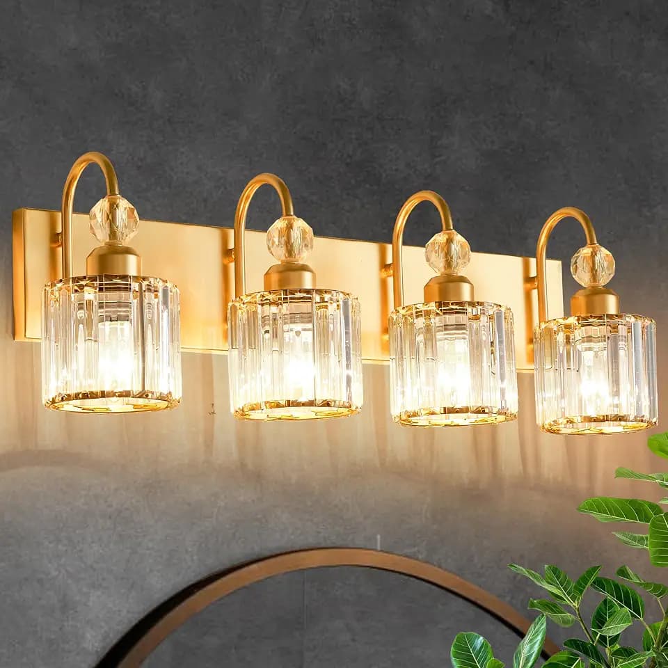 DIAMONDFORGE Bathroom Vanity Light Fixtures Over Mirror - Makeup Lighting Pure Gold - for Modern Wall, Bath, Desk, Farmhouse, Hallway - 4 Crystal Lights