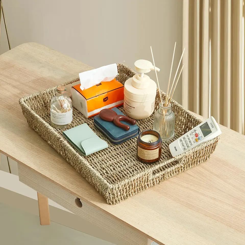 JS HANGER 16.93" Hand-Woven Rattan Serving Tray Decorative Wicker Trays with Built-in Handles for Coffee Table, Natrual Grass Storage Tray