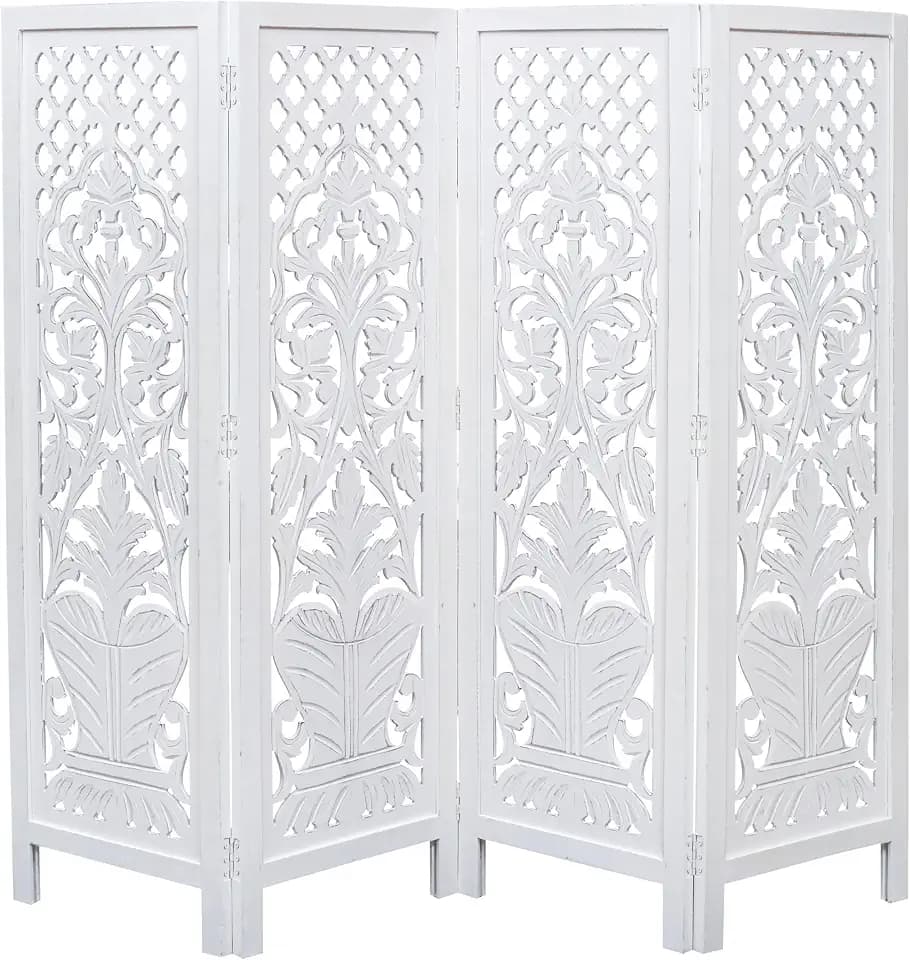 Room Divider Wood Screen Panel – White, 4-Panel Folding 64"x54", Hand-Carved, Reversible Privacy Partition, Decorative & Functional Portable Room Divider for Home or Office