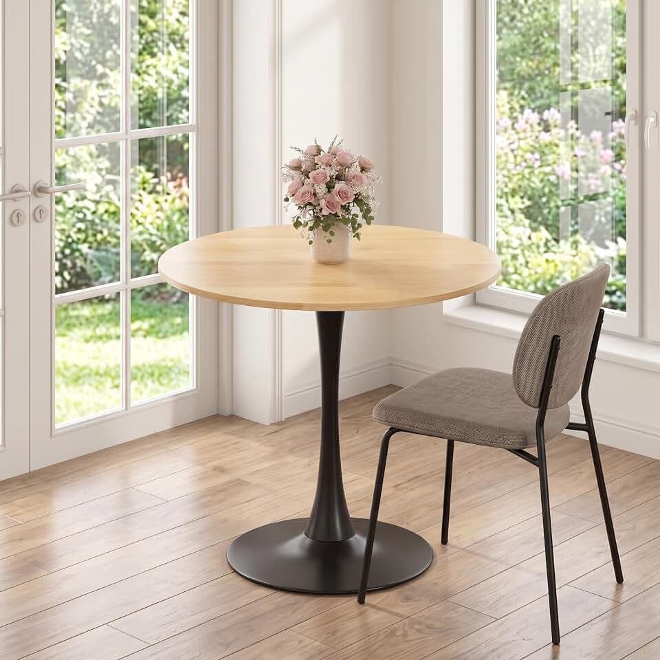 Small Round Dining Table 24" Tulip Table with Metal Pedestal, Wood