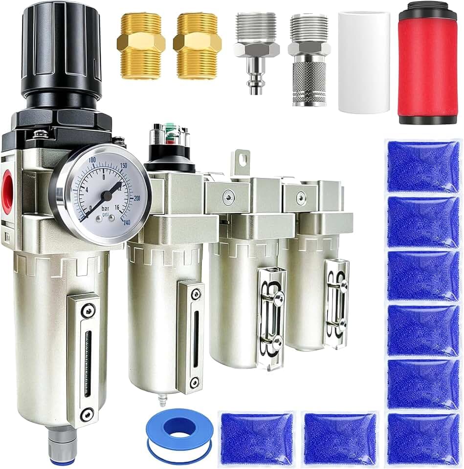 Upgraded 1/2" NPT Heavy Duty Industrial Grade 4 Stage Air Drying System, Particulate Filter, Coalescing Filter, Desiccant Dryer & Air Regulator - for Plasma Cutter, Paint Spray(Auto Drain)