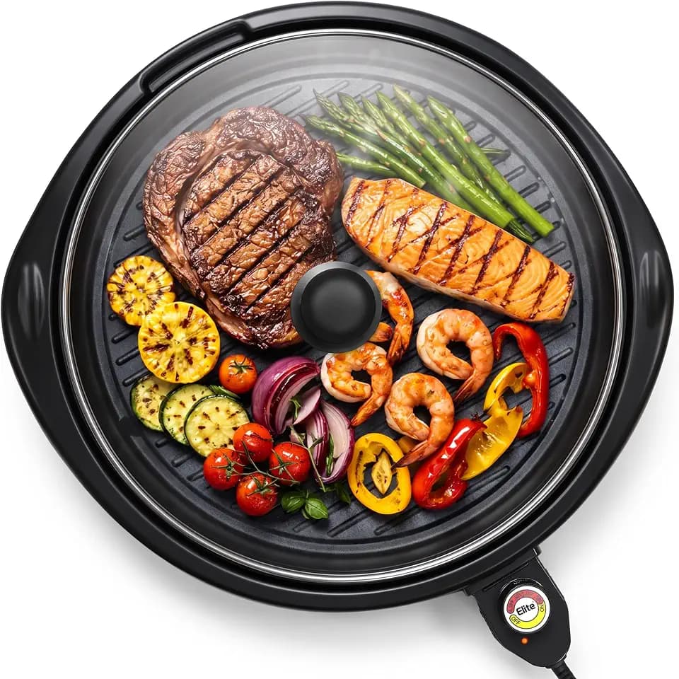 Elite Gourmet EMG-980BX Indoor Electric Round Grill, Non-Stick, 14" Black