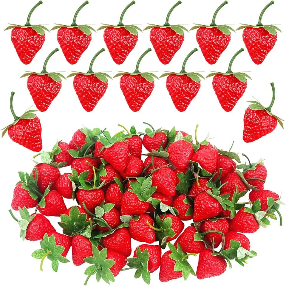 Artificial Red Strawberries 100Pcs Lifelike Fake Strawberries, Simulation Realistic Plastic Strawberry for Home Kitchen Party Decor Photography Prop (100 PCS)