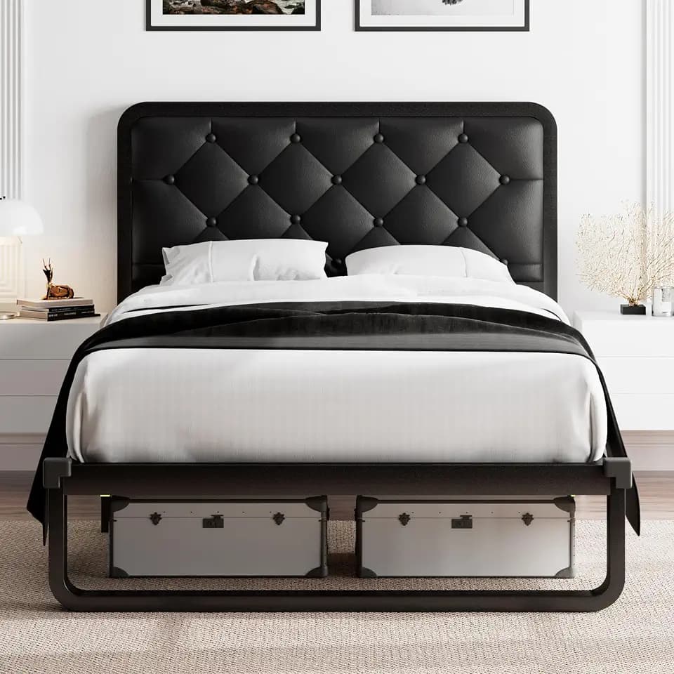 Feonase Twin Bed Frame, Upholstered Platform Bed Frame with Diamond Tufted Headboard, Heavy-Duty Steel Slats, 12" Storage Space, Noise Free, No Box Spring Needed, Easy Assembly, Black