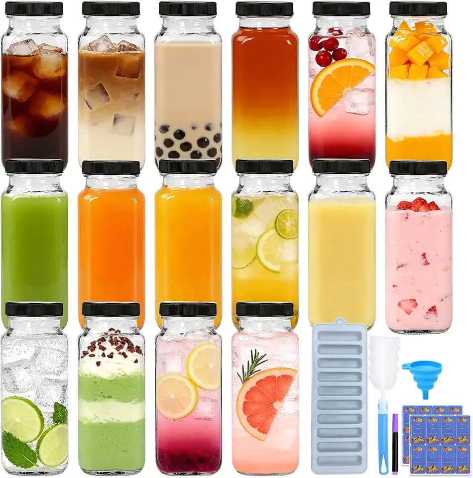 16 Pack 8 oz Glass Juice Bottles with Lids, Juice Containers