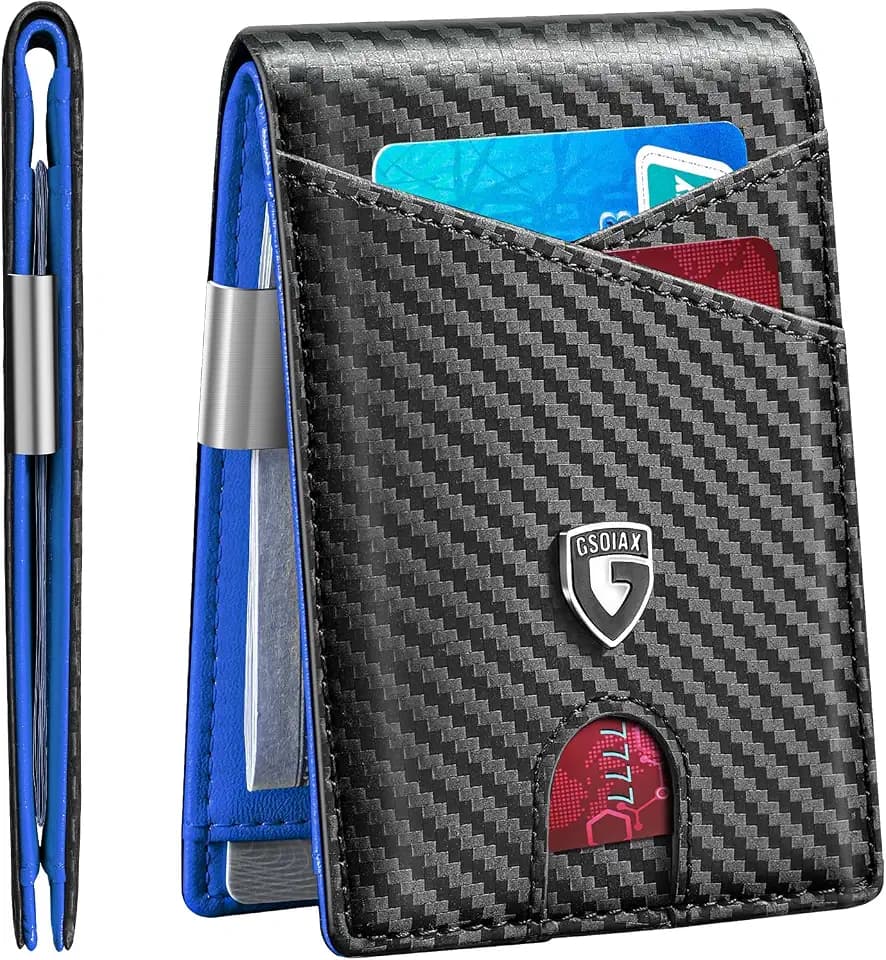 GSOIAX Slim Leather RFID Bifold Wallet for Men Minimalist Front Pocket Wallet with Money Clip,12 Card Slots,ID Window,Cool Groove Design,Includes Stocking StuffersGift Box (Carbon blue)