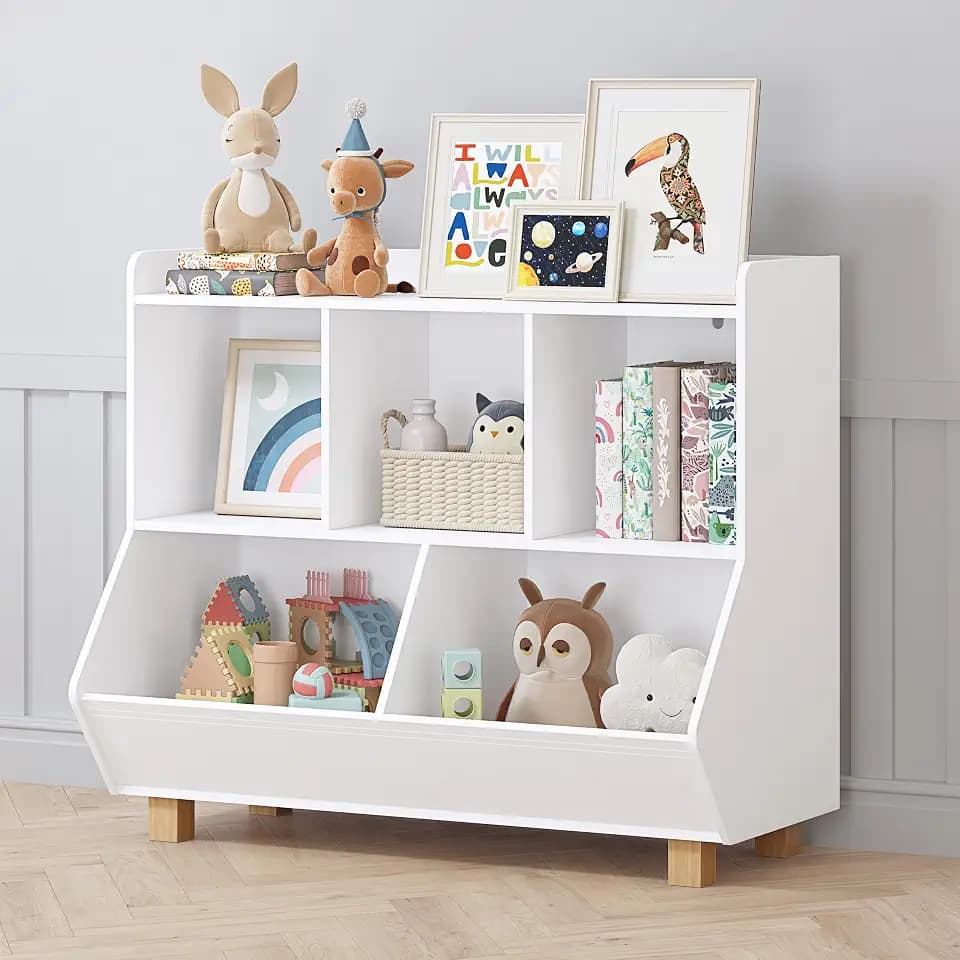 UTEX Wooden Kids Bookshelf & Toy Organizer, 5 Storage Cubes with Wood Legs