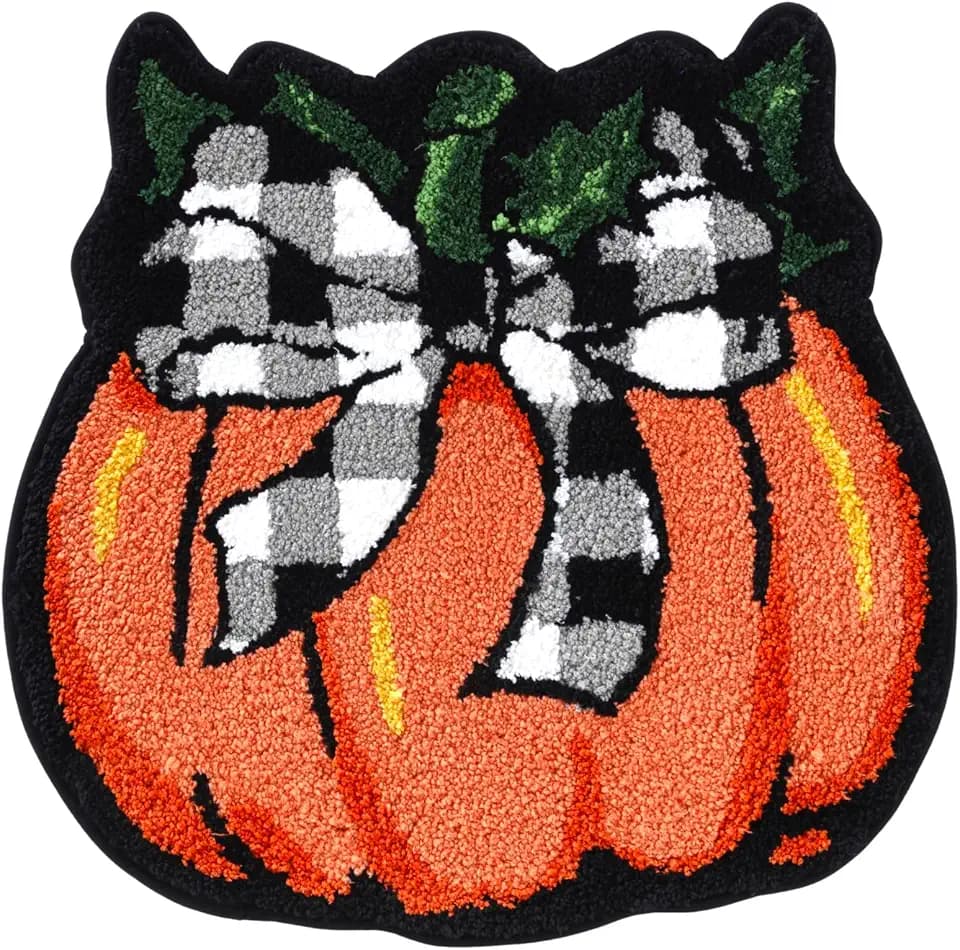 Buffalo Plaid Bow Pumpkin Bath Mat 24x24 Inch, Soft and Absorbent Tufted Orange Fall Bathroom Rug Non Slip Washable, Autumn Thanksgiving Halloween Bathroom Decor Rug Holiday Decorations