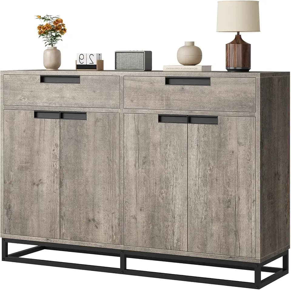 Garvee Kitchen Buffet Cabinet 55 Inch Large Modern Sideboard with 2 Drawers and 4 Doors, Coffee Bar Buffet Table for Kitchen and Dining Room, Grey