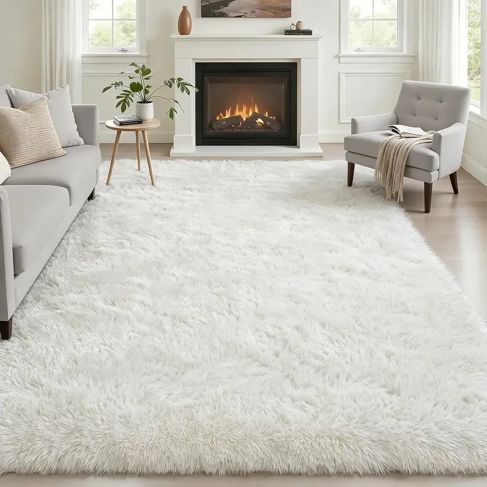 Area Rug Living Room Bedroom: 6x9 Fluffy Plush Shag Carpet Ivory