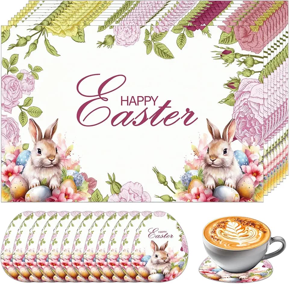 50 Pcs Easter Paper Placemats, Happy Easter Disposable Paper Place Mats with Coasters - 11 x 17 Inch Bunny Rabbit Eggs Placemats Spring Seasonal Table Mats for Party Kitchen Dining Table Decor