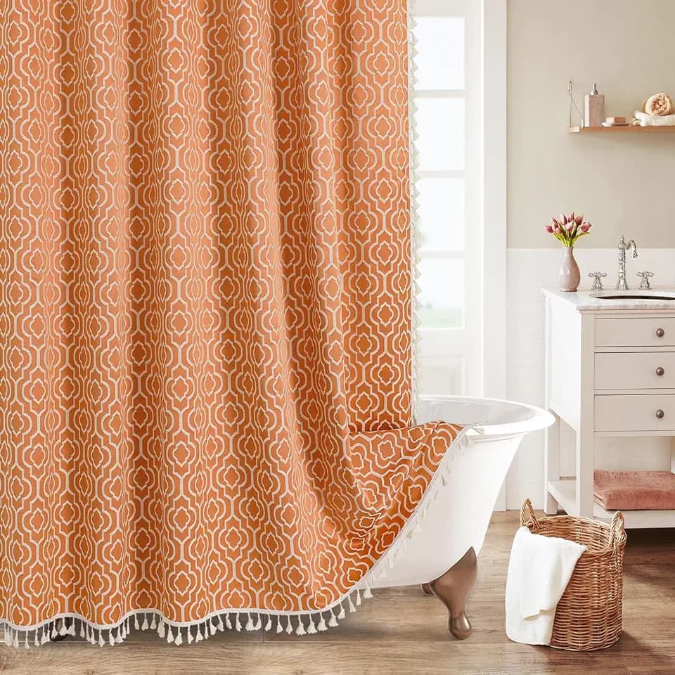 MitoVilla Orange Boho Extra Long Shower Curtain 72 x 84, Modern Farmhouse 84 inch XL Cotton Fabric Shower Curtain Set with Hooks for Bohemia Country Bathroom Decor
