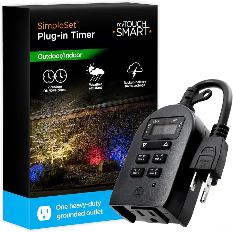 myTouchSmart Indoor/Outdoor Plug-in Digital Timer, One Grounded Outlet, Two Easy-to-Set Custom Daily On/Off Times, Weather Resistant, Ideal for Small Pumps and Seasonal Lighting, 36027