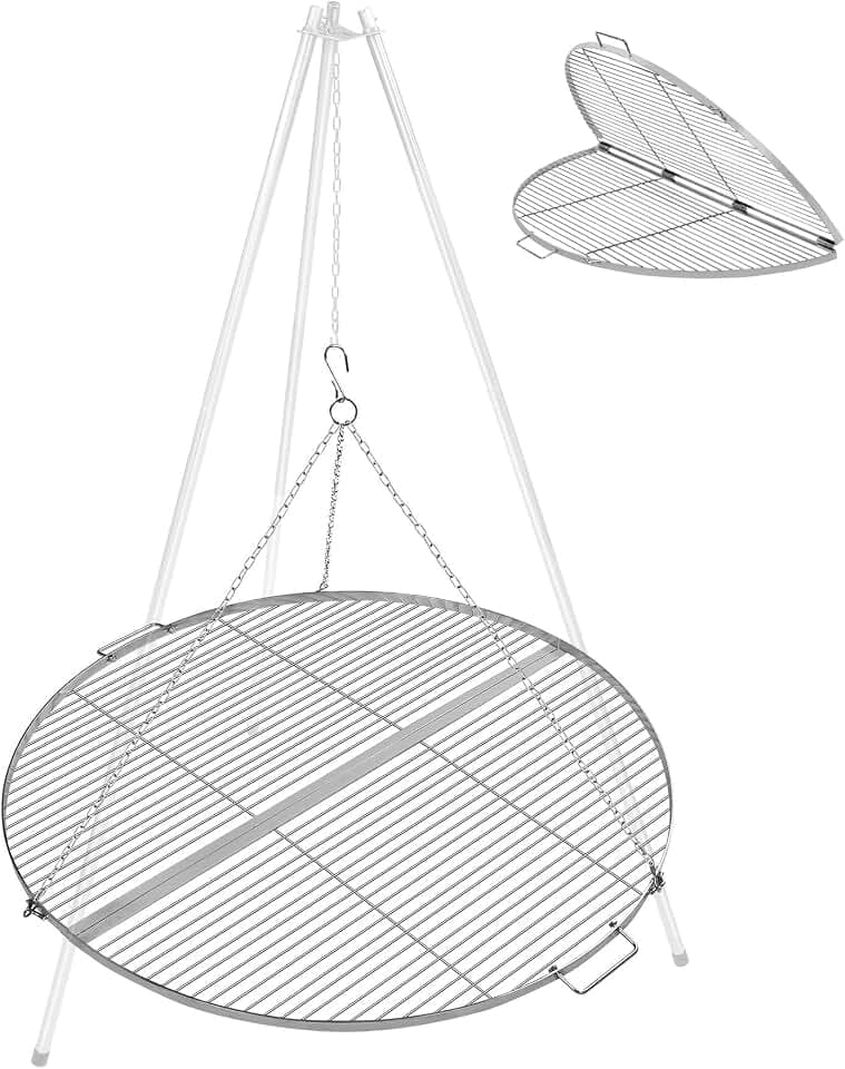 REDCAMP Grillrost Edelstahl Rund Ø 80 cm, Schwenkgrill Klappbar 304 Edelstahl mit Griff, BBQ Grillgitter Backblech mit Kette für Camping, Picknick, Garten, Einfache Reinigung