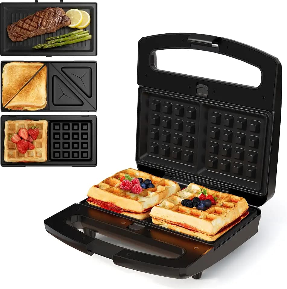 Sandwich Maker Panini Press Grill, 3 in 1 Electric Waffle Maker with Removable Non-stick Plates, Glass Top, Cool Touch Handle & Easy to Clean, 800W