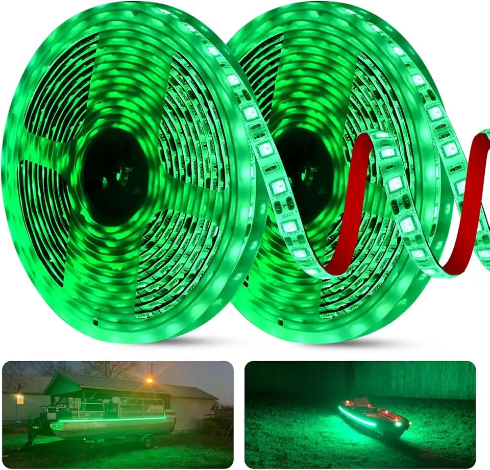 50ft LED Strip Lights for Night Fishing, Marine 12V Waterproof Interior Deck Lights for Pontoon, Kayak, Jon, Bass, Fishing Boat (Green)