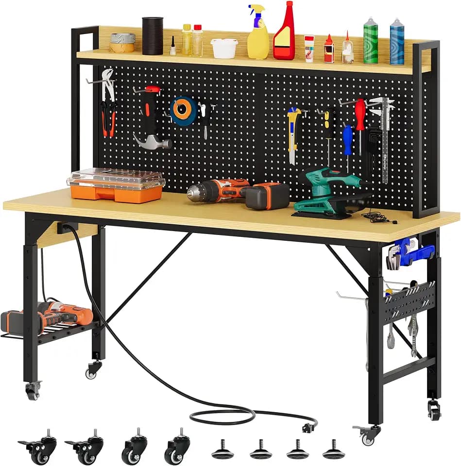 YITAHOME 60in Adjustable Workbench with Pegboard & Wheels 1600lb Load