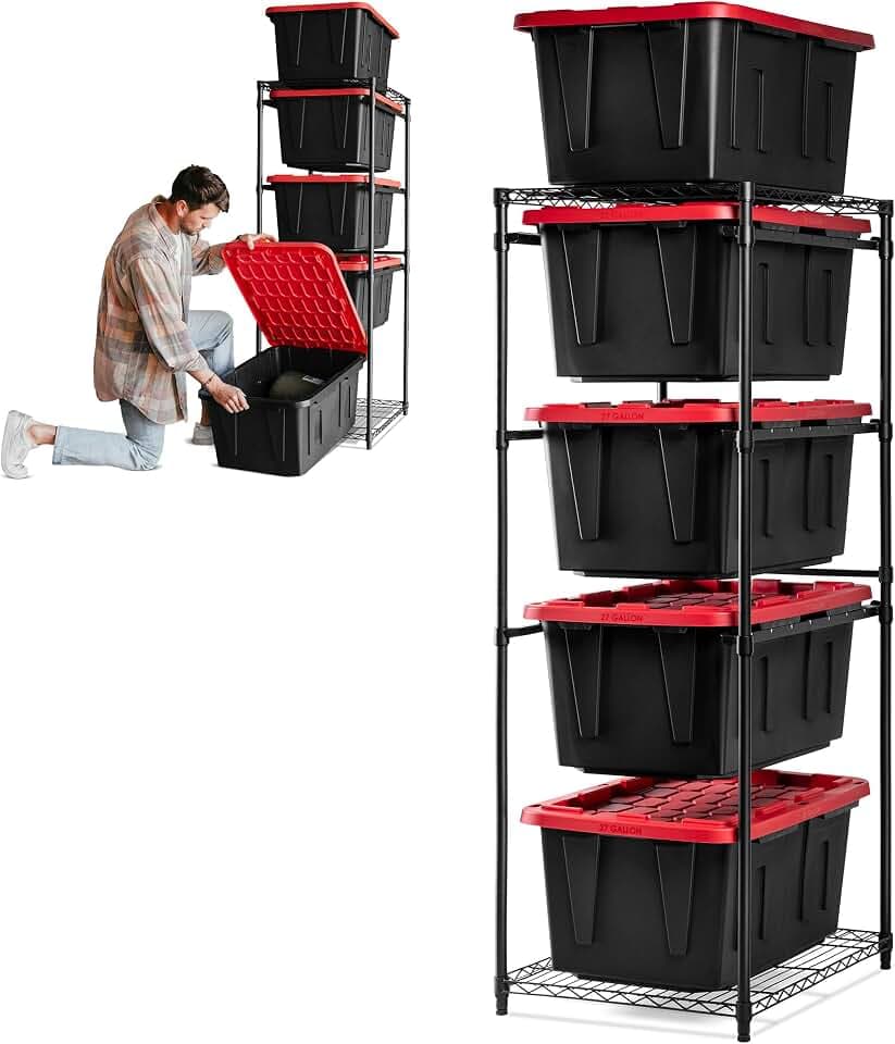 CleverMade 27 Gallon Tote Storage Rack, 5-Bin Steel Tower, 250 lb, Black