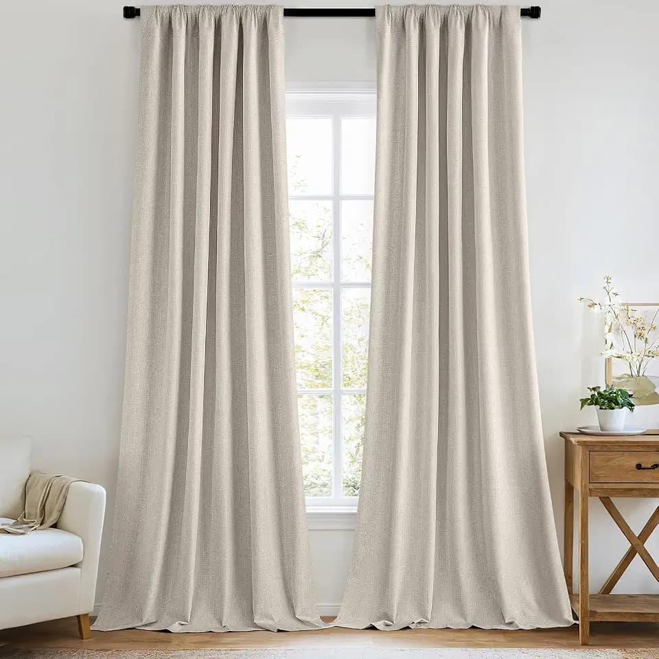 MIULEE 100% Blackout Back Tab Pleat Linen Curtains 50" Wx102 L,Beige