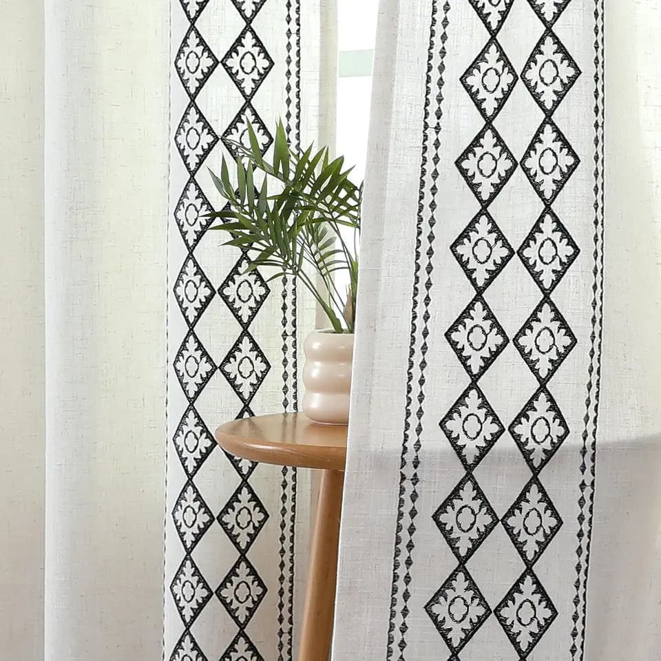 Joydeco Black Embroidered Curtains 84 Inch Long 2 Panel Set, Victoria Decorative Linen Drapes for Living Room Bedroom, Light Filtering Cottage Curtain with Back Tab Rod Pocket (84" L x 50" W)