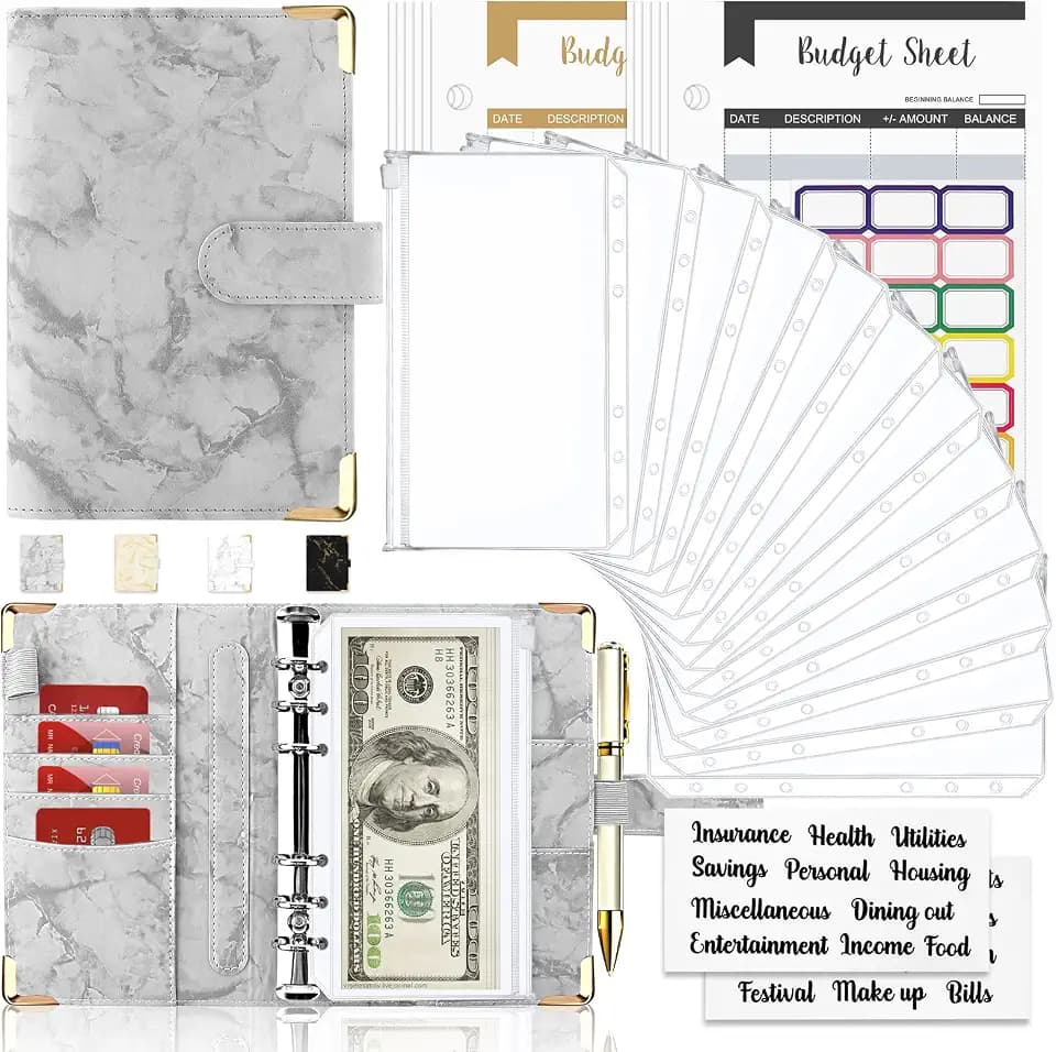 Budget Binder with Cash Envelopes, 28Pcs Marble 6Ring Saving Binder (Grey)