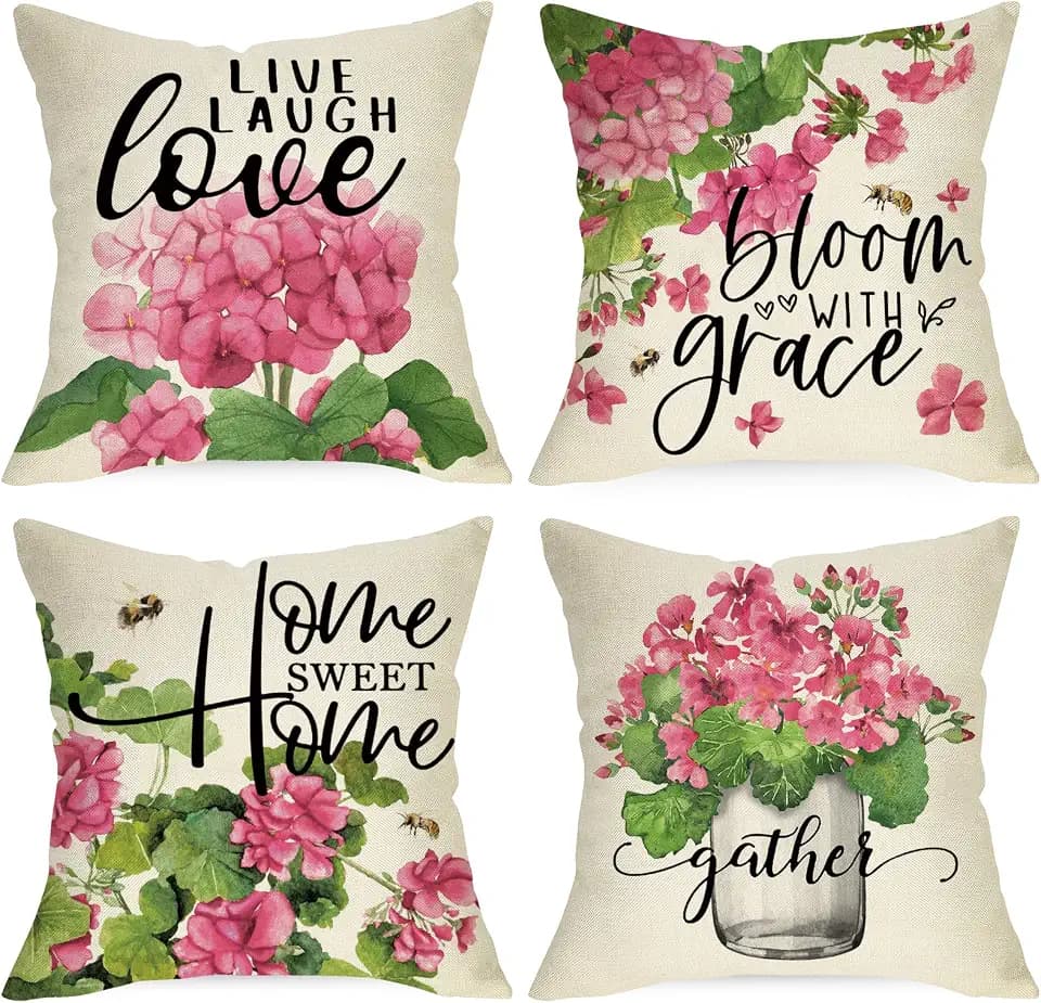 Pink Geranium Flower Decorative Throw Pillow Covers 18x18 Set of 4
