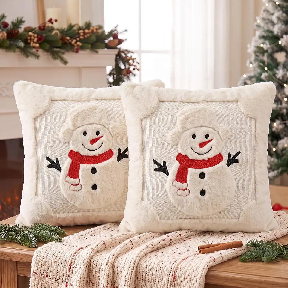 AVOIN colorlife Christmas Snowman Beige Throw Pillow Covers Set of 2, 18 x 18 Inch Festivals Winter Soft Plush Faux Fur 3D Embroidered Cushion Case Decoration for Sofa Couch