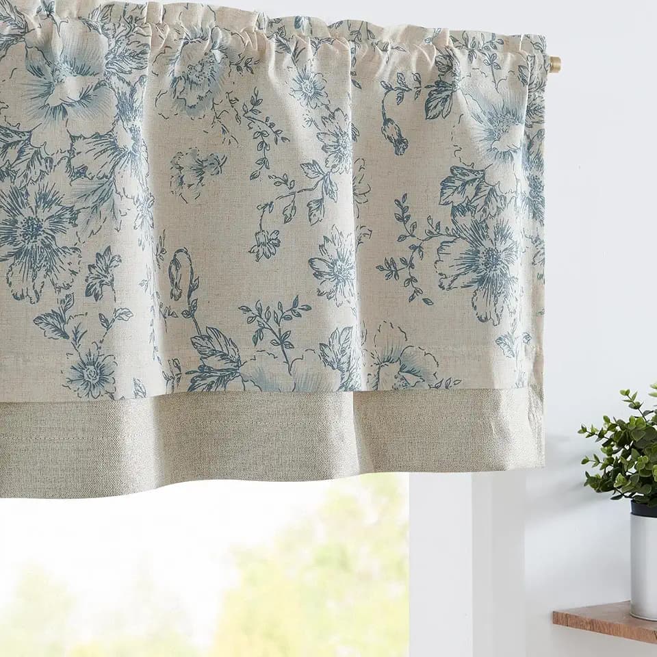 jinchan Floral Linen Kitchen Valance Curtain, 50x18, 1 Panel, Blue