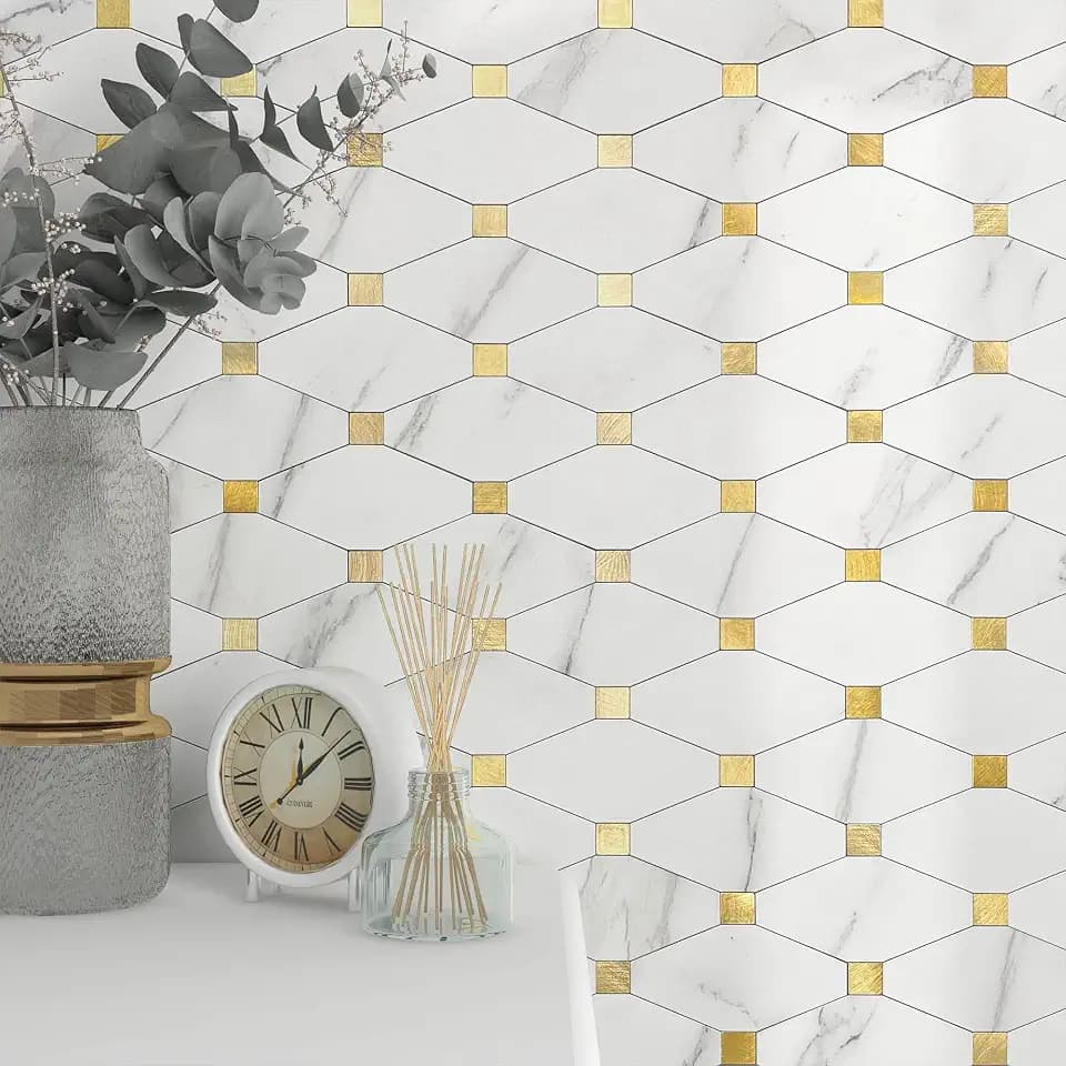 VAOVI Stick on Backsplash for Kitchen,Backsplash Tiles Peel and Stick Bathroom Wall Tiles Adhesive Marble Mosaic Stickers(10pcs,White Gold)