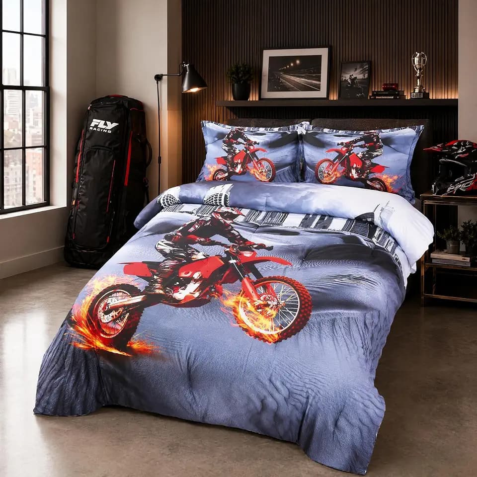Dirt Bike Comforter Sets Full Size Racing Motocross Sports Extreme Theme Bedding Sets for Boys