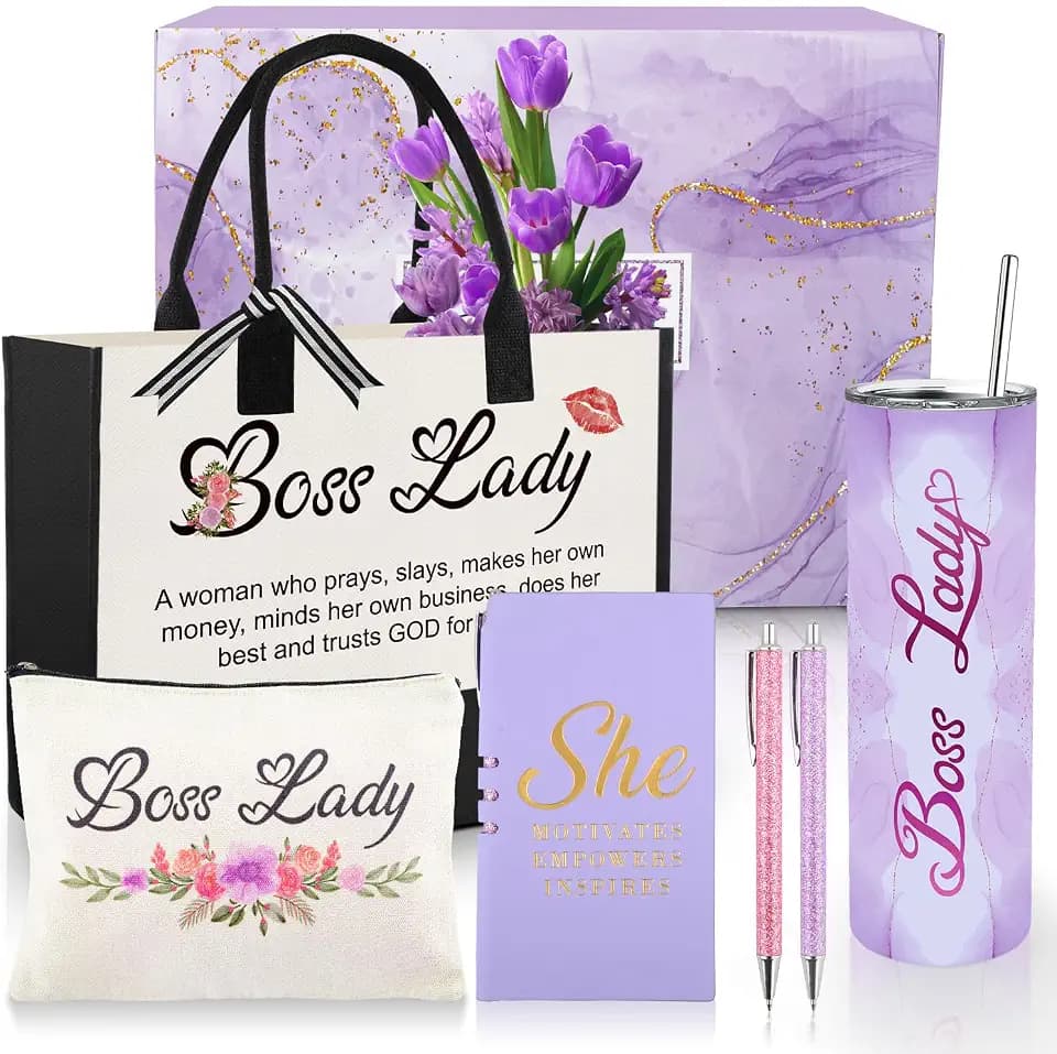 Gifts for Women, Boss Lady Gifts for Women with 20 OZ Mug Canvas Tote Bag Makeup Bag Notebook and 2 Ballpoints Pen, Funny Valentines Day Mothers Day Present for Her Mom