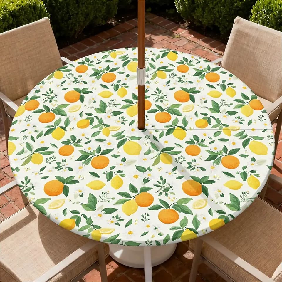 Round Outdoor Tablecloth with Umbrella Hole and Zipper, Elastic Fitted Waterproof Patio Tablecover for Garden Patio Backyard Picnic BBQ, Fits 37"-44" Round Table, Lemon Orange