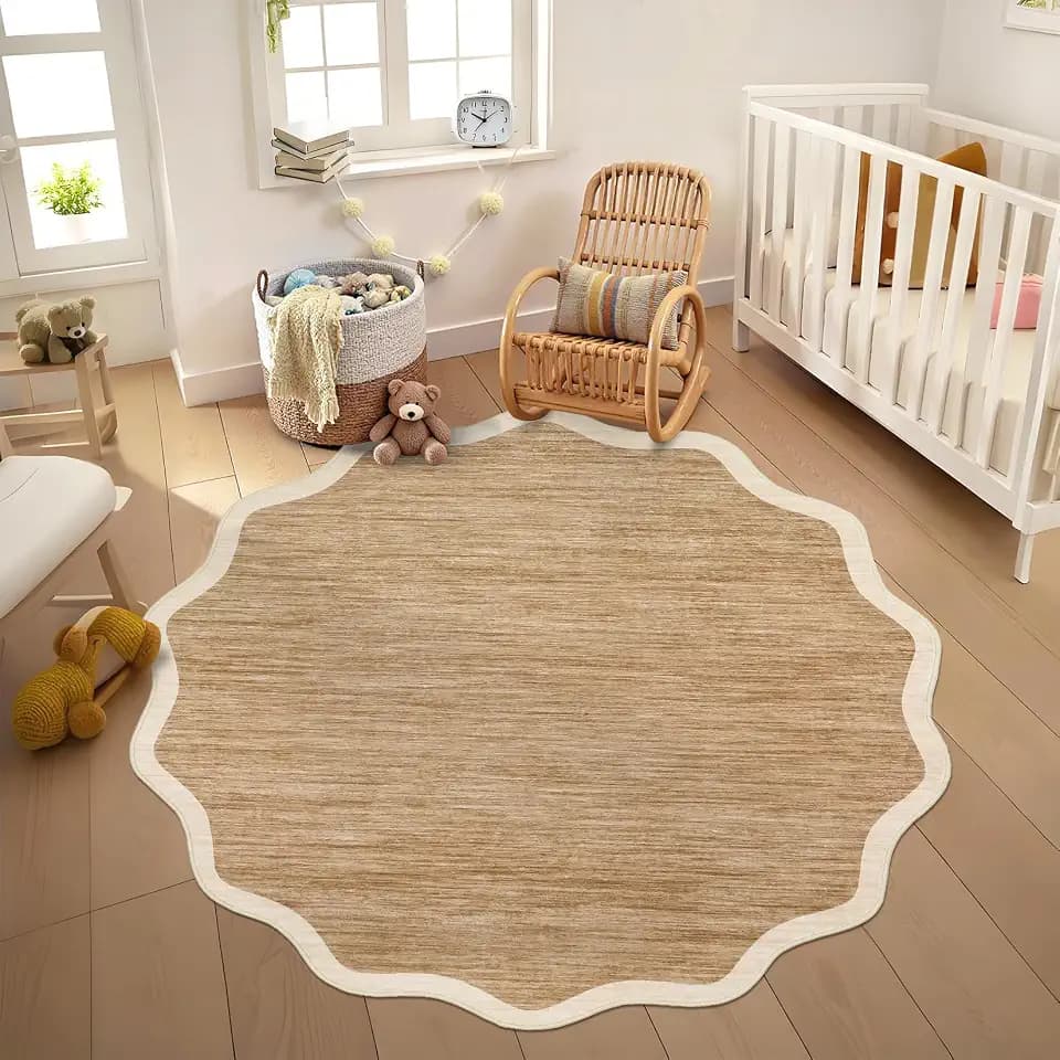 GarveeHome Scalloped Round Washable Rug 5ft Soft Non Slip, Light Brown