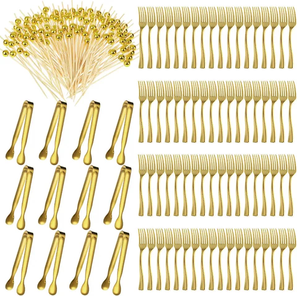 Therwen 184 Pcs Gold Serving Utensil Set Mini Fork Toothpick Tong for Party