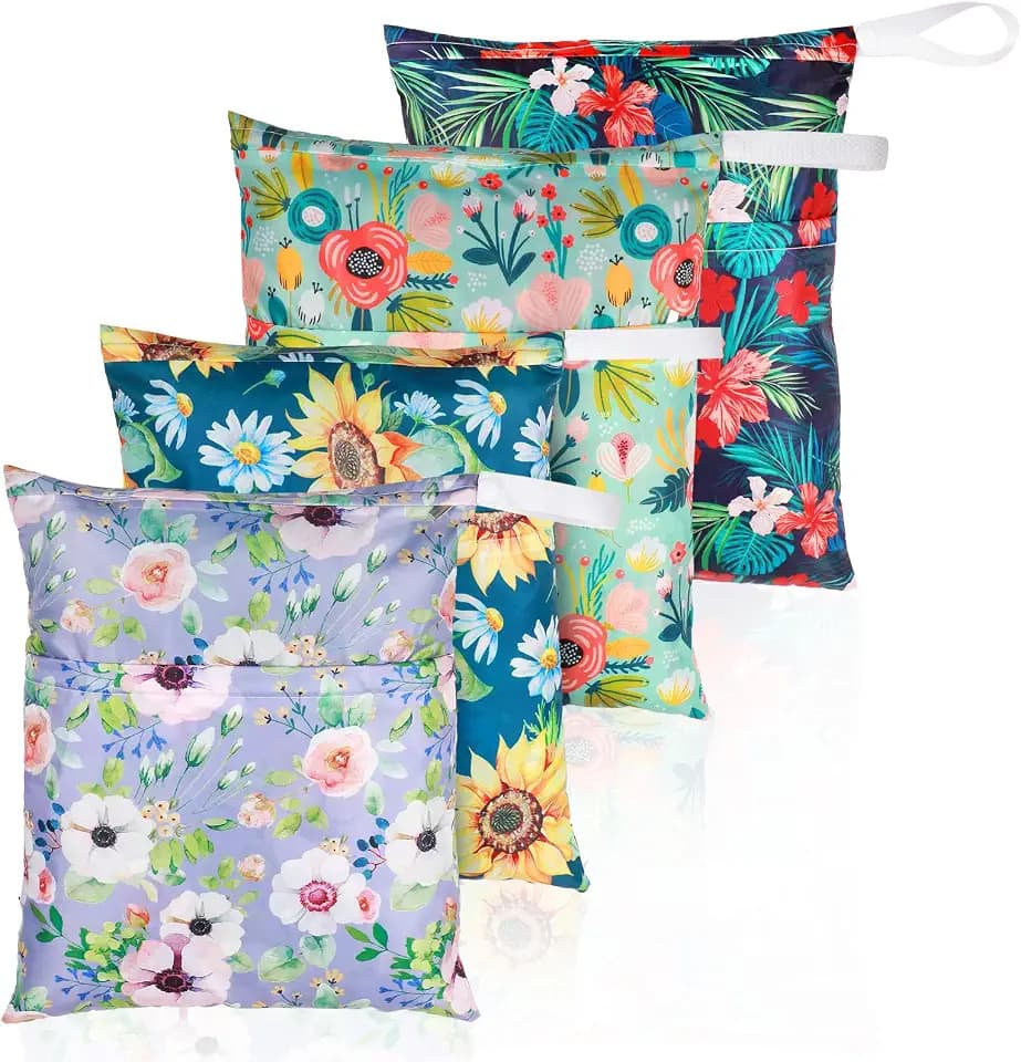 Frienda 4 Pcs Large Waterproof Wet Dry Bag for Baby Swimsuit 20x16 inches Reusable Washable Travel Diaper Bag Sealed with Handle for Travel Beach Gym Clothes and Toiletries Pool(Flower Style)