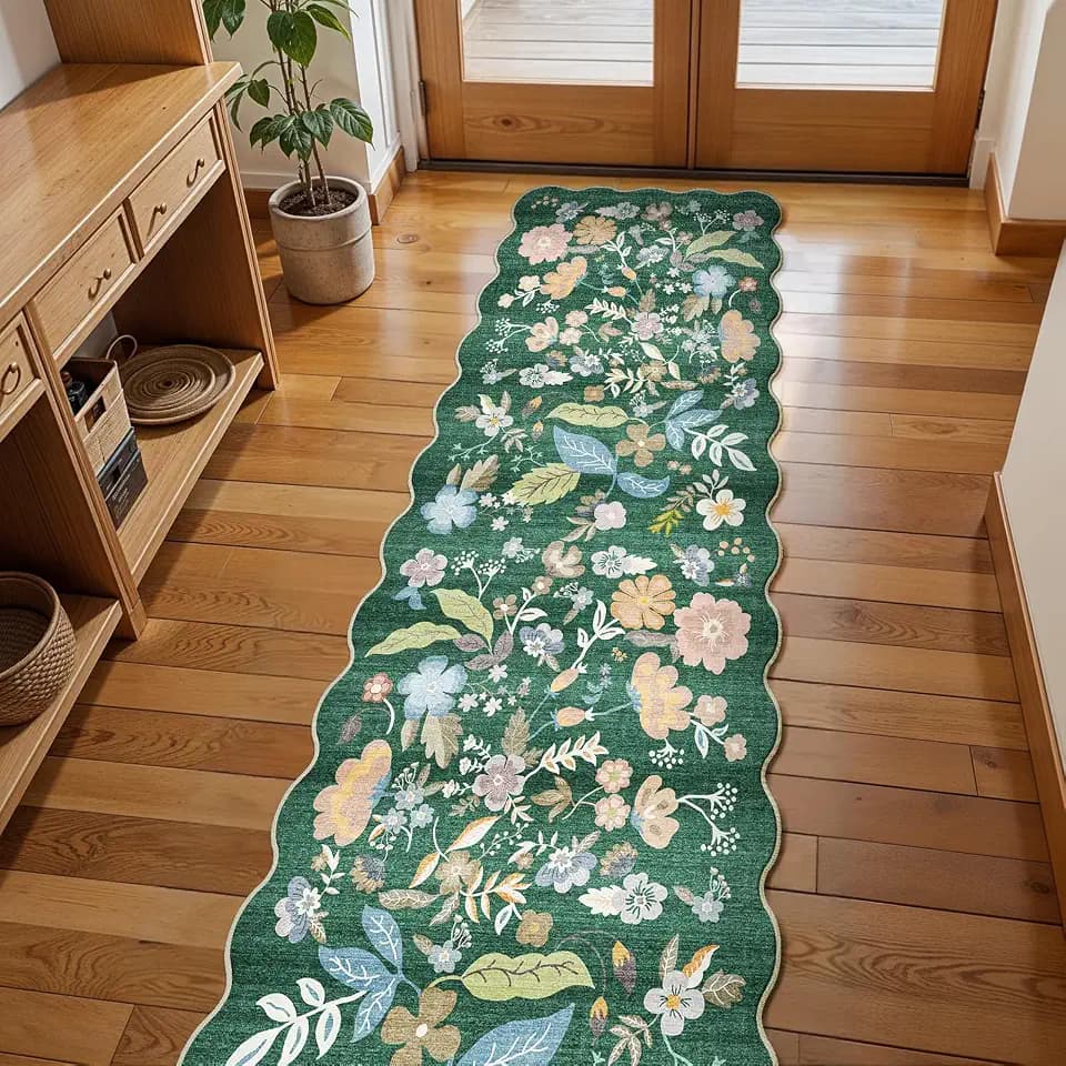 2x8 Scalloped Rug Runner for Hallway: Washable Non Slip Kitchen Rug Green
