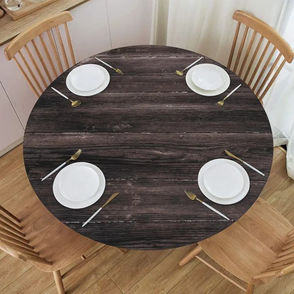 Wood Grain Board Round Tablecloth with Elastic Edge Table Cover Waterproof Reusable Table Cloth for Holiday Kitchen Party Patio,M(45"-50")