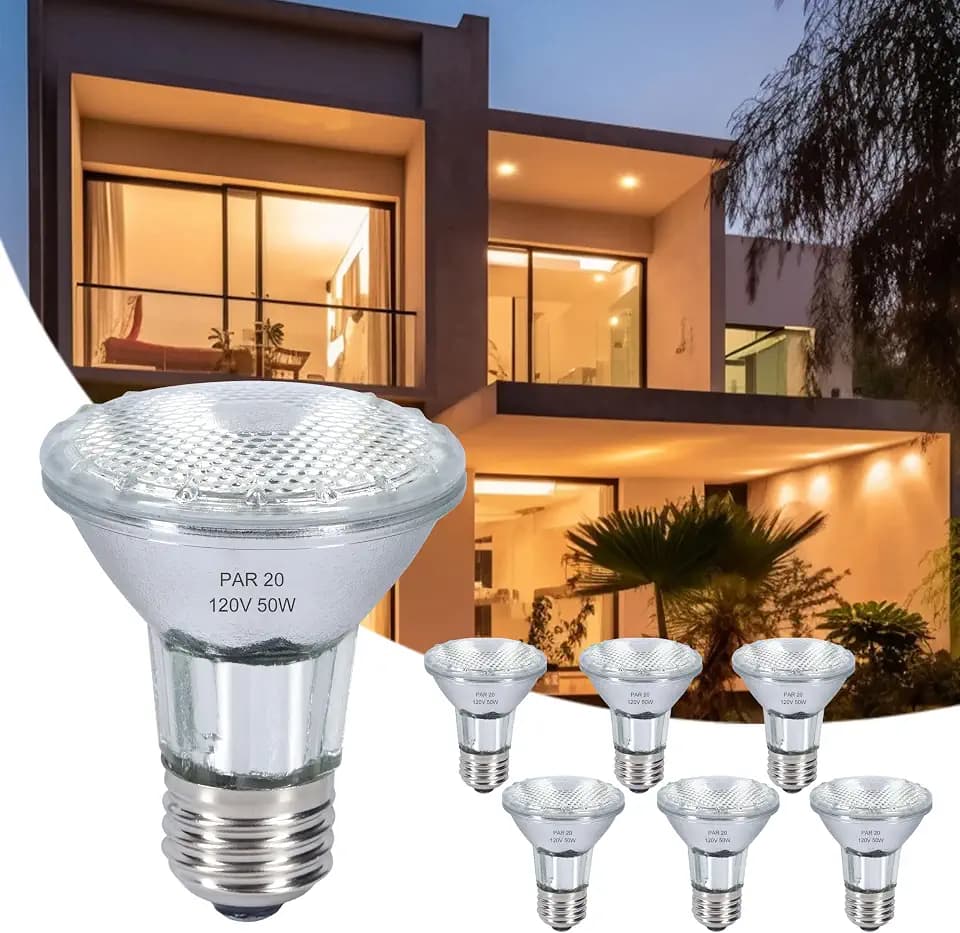 PAR20 Flood Light Bulbs, 50W 120V Halogen Bulb Dimmable, E26 Base PAR20 Bulb 2700K Warm White for Indoor and Outdoor, High Brightness PAR20 Halogen Flood Light - 6PACK