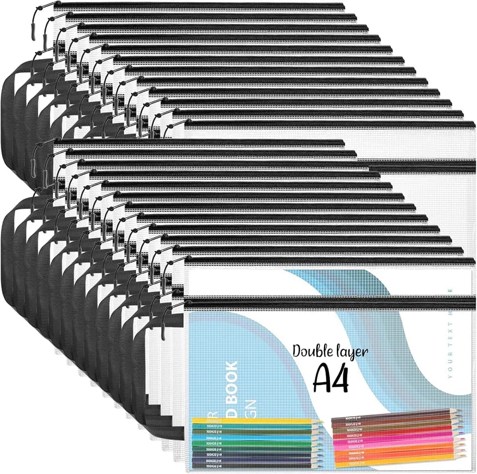 Double Layers Mesh Zipper Pouch Bags A4 (13x9 in, 24 Pcs) Black Zipper Bags, Waterproof File Pouches for Puzzles Board Game Teacher School Classroom Office Supplies Travel Bag