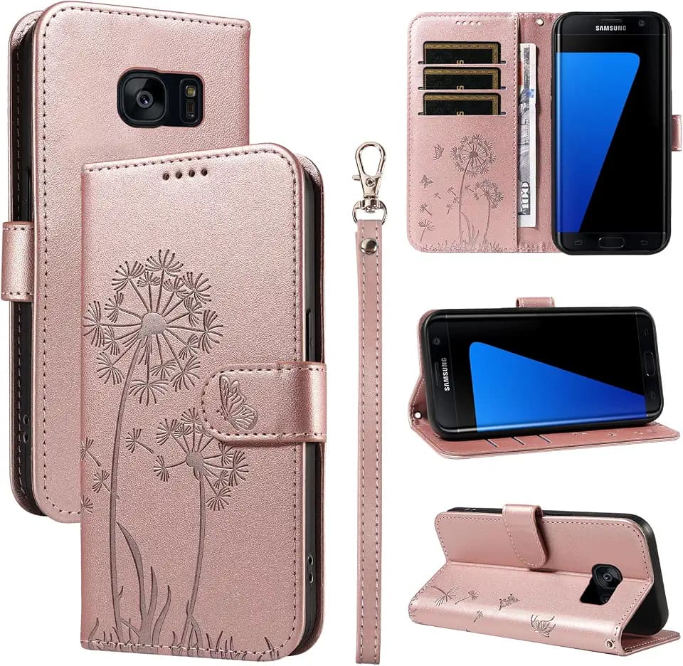 Handyhülle für Samsung Galaxy S7 Hülle, Premium PU Lederhülle Klappbar Tasche Klapphülle mit Magnet Kartenfach Standfunktion Schutzhülle für Galaxy S7, Roségold