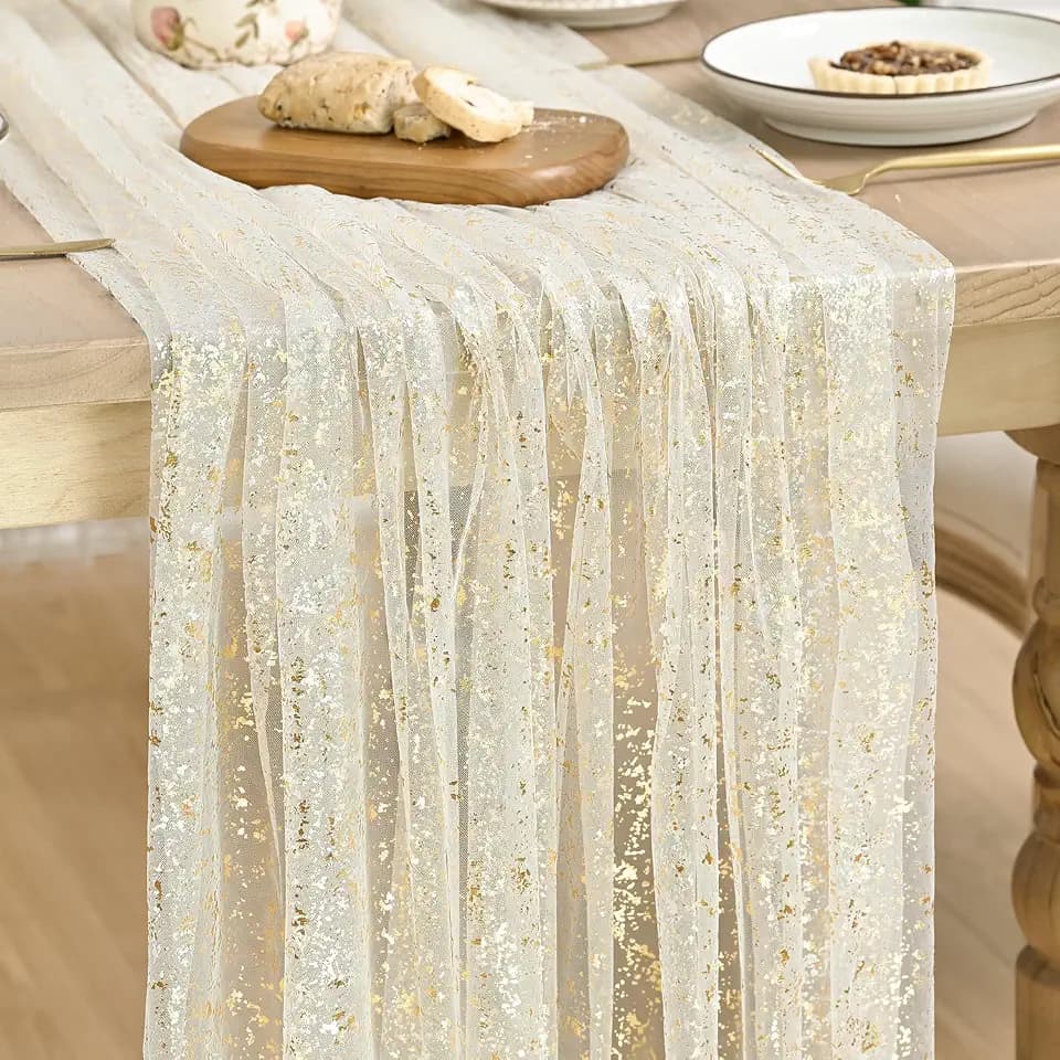 Artoid Mode Beige Gold Gauze Table Runner 59x120 Inch 10FT, Glitter Metallic Foil Sheer Dining Wedding Anniversary Holiday Birthday Table Decor for Home Party