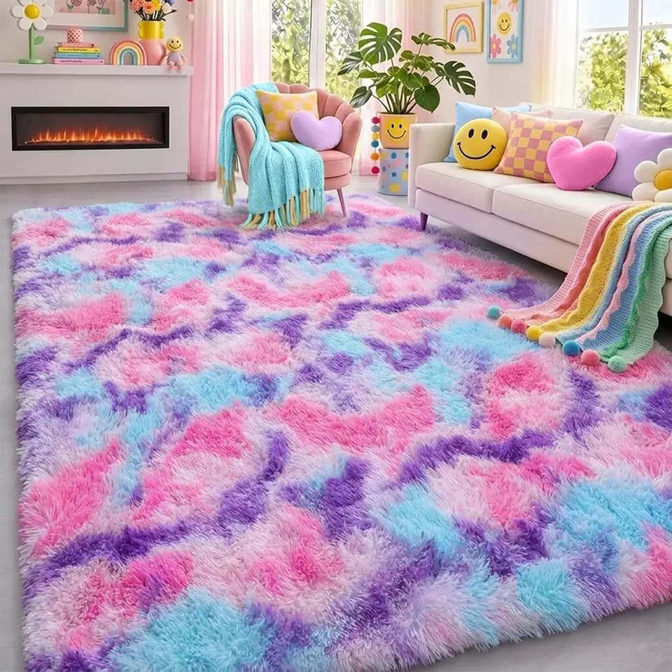 Rainbow Purple Rugs for Girls Bedroom 5x8 Ft,Fluffy Pastel Vibrant Cute Rug