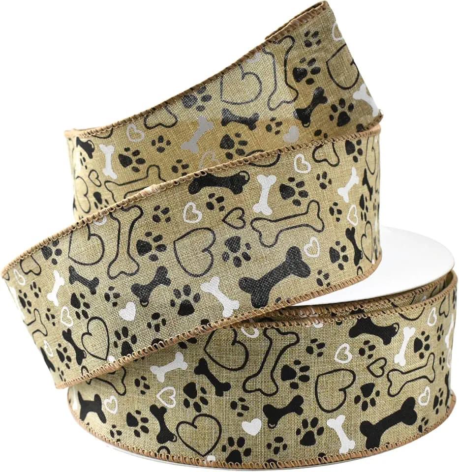 Homeford Dog Lovers Bones and Paws Faux Linen Wired Ribbon, 2-1/2-inch, 50-Yard, Natural