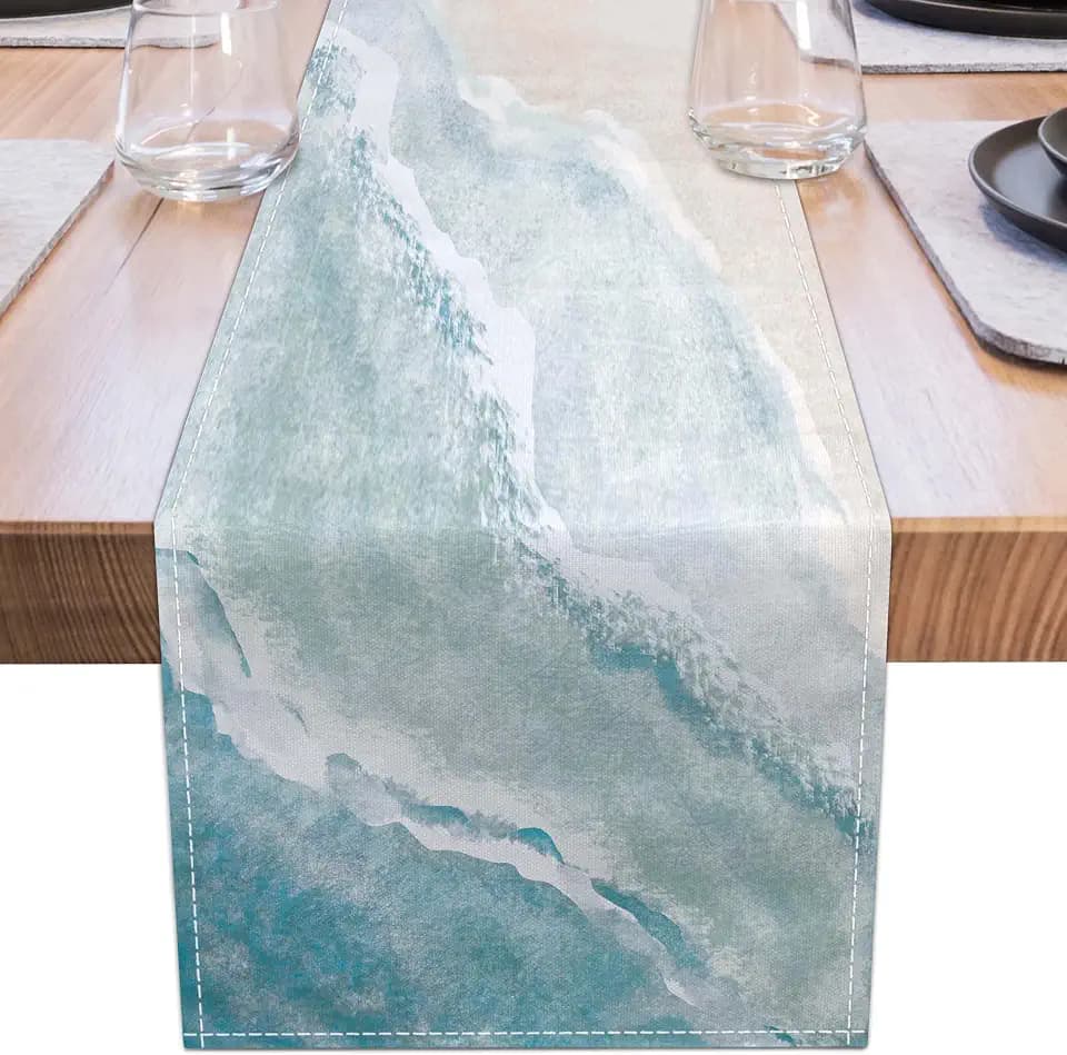 Coastal Table Runner Beach Coffee Table Runner Linen Farmhouse Dress Scarves Teal Blue Tablerunner for Kitchen Dinner Ocean Nautical Decor (13" x 71", Coastal)