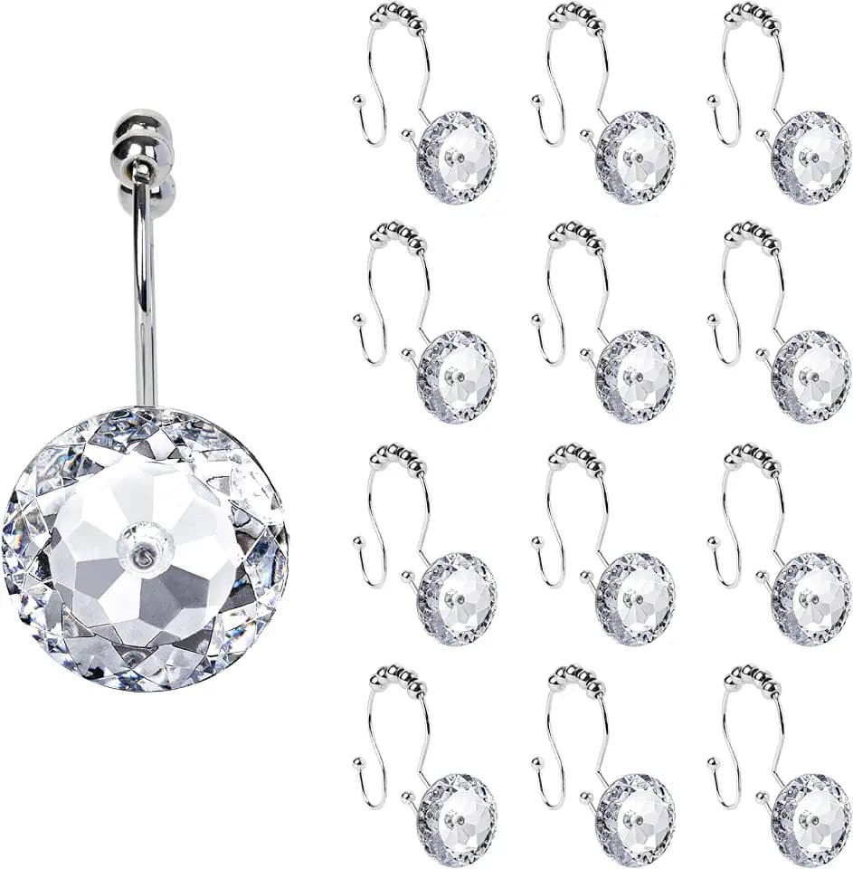 Sunlit Round Rhinestone Shower Curtain Hooks with Glide Balls, 12 Pack