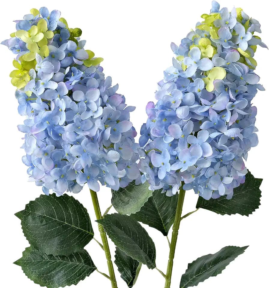 JINWOE Blue Artificial Hydrangeas Silk Flowers, 2Pcs 31.5" Full Large Lifelike Panicled Hydrangea Artificial Flowers for Decoration, Fake Spring Flower with Tall Vase for Bouquets Home Kitchen Table