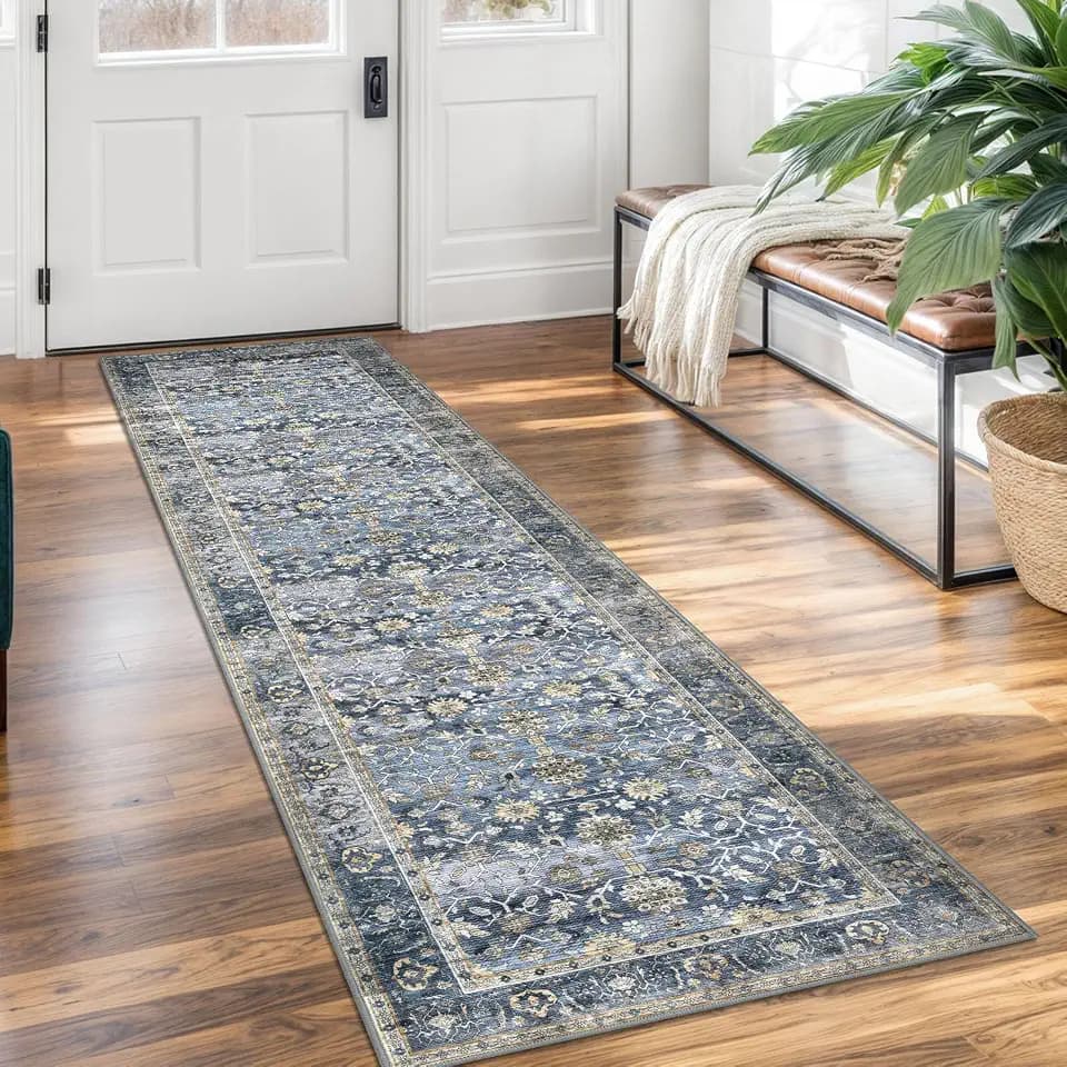 KUTA Vintage Washable Runner Rug 2x7 Blue Grey Beige Runners for Hallways