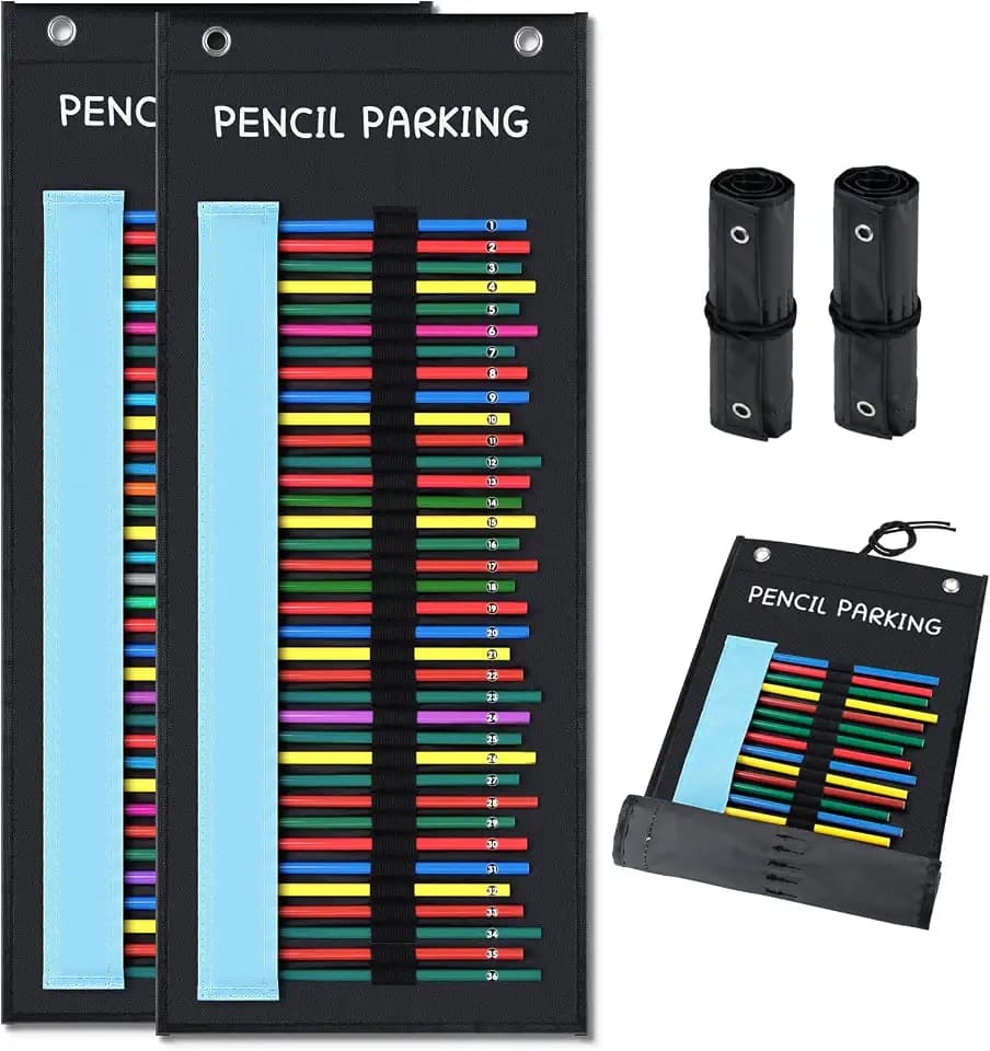 AKAYOK 2-Pack Pencil Parking Pocket Chart -Roll-Up Pencil Case with 36 Slots & Tie Closure, Pencil Dispenser for Classroom, School, and Home -Portable Pencil Holder for Desk Teachers & School Supplies