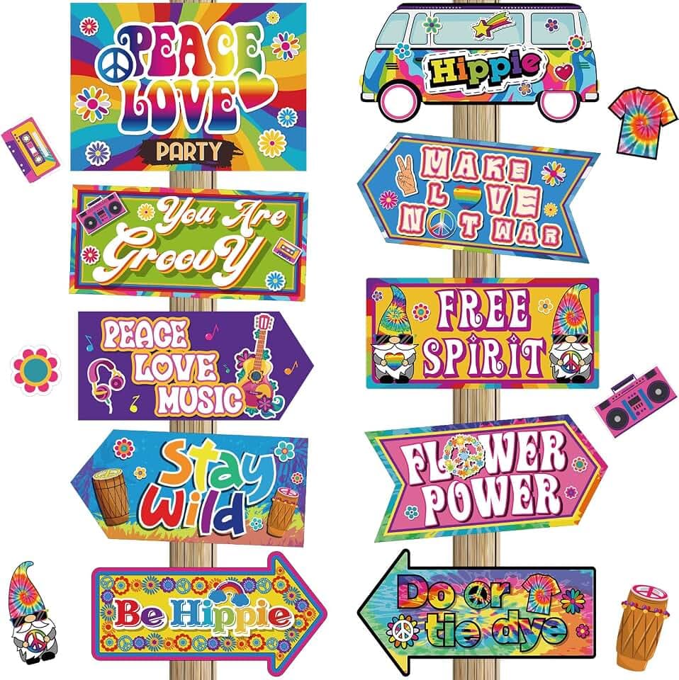 Epakh 20 Pieces 60's Hippie Party Sign Decorations Groovy Tie Dye
